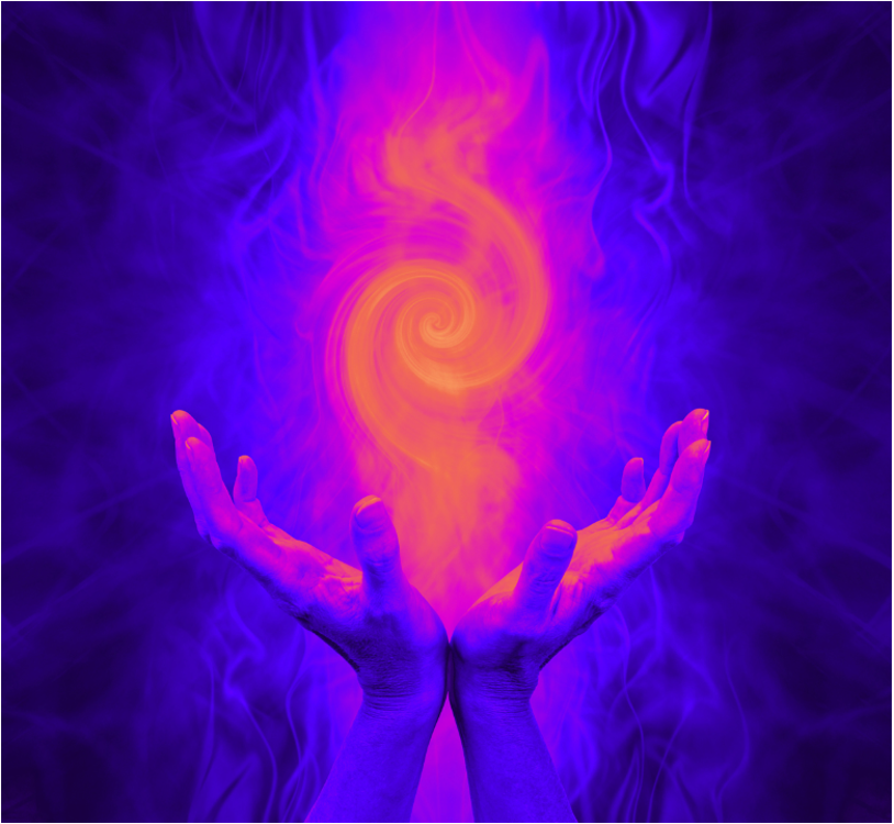 Purple hands holding a flame of energy